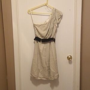 MM Couture One Shoulder Black & White Speckled Dress With Belt - Size Small